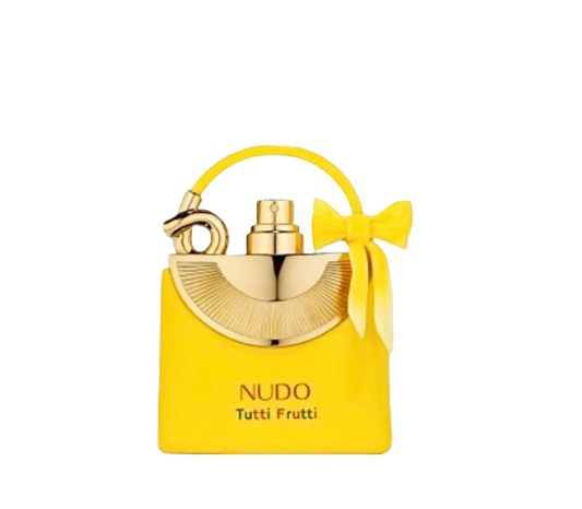 Yellow and gold Nudo Tutti Frutti perfume bottle on a light gray background